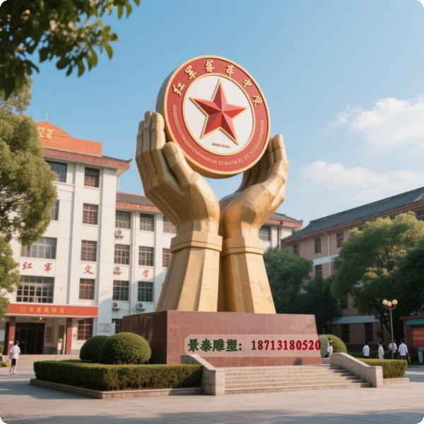 双手托起校徽金属雕塑,学校不锈钢友爱标志 双手托起校徽金属雕塑,学校不锈钢友爱标志